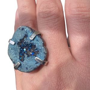 Electric Blue Geode Agate Druzy Ring Silver Tone Adjustable Gemstone Crystal